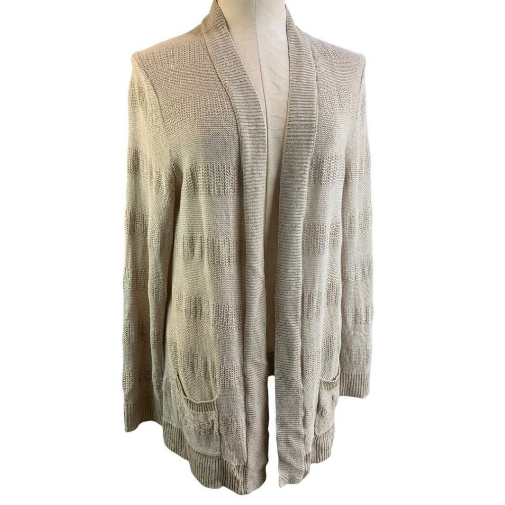 Large Talbots Women's Tan Open Linen Lightweight Cardigan Pockets Tunic Length